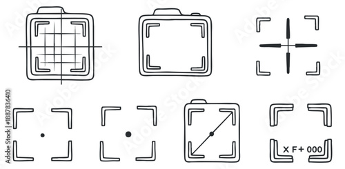A collection of camera focus and framing icons in minimalist outline vector style, suitable for app design and photography projects