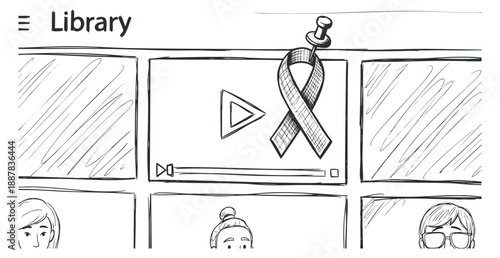 A sketchy outline illustration of a digital library interface featuring a video player with a play button and a ribbon symbol, perfect for technology and media projects
