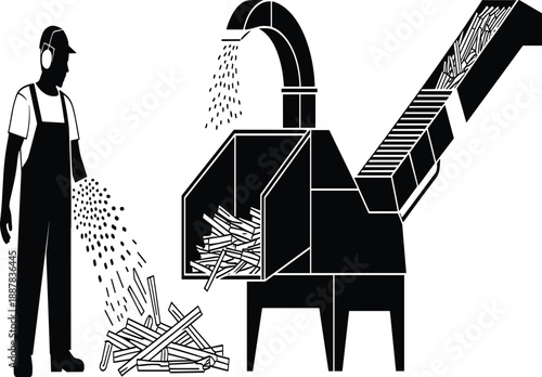 Wood chipper machine silhouette vector illustration with worker feeding branches, forestry biomass processing and industrial recycling equipment concept design