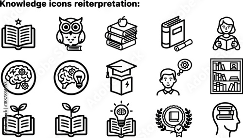 Line art icon set showing knowledge and education symbols in flat vector grid with books, owl, brain, graduation cap, close up