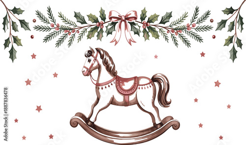 Vintage Christmas rocking horse vector illustration with festive garland, bow and stars, classic holiday toy decoration design isolated on white