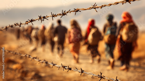 Poor refugees procession along barbed wired fence