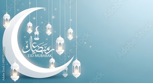Ramadan kareem greeting with crescent moon and lanterns