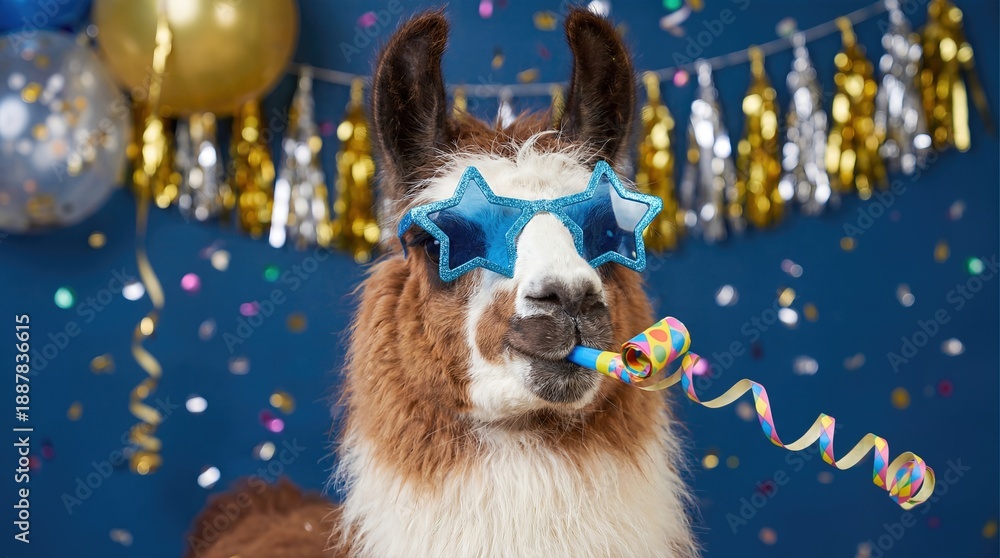 Fototapeta premium Funny Llama Wearing Star Sunglasses and Party Blower on Blue Background