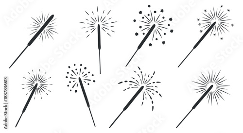A collection of various sparkler designs in black and white vector style, ideal for festive celebrations and creative projects