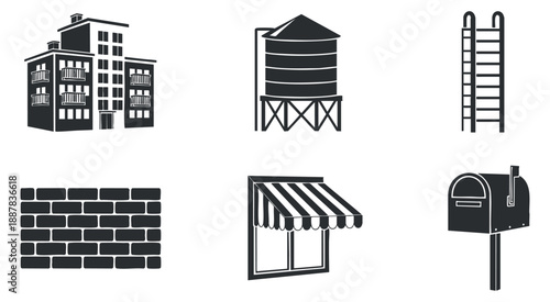 A collection of urban elements including a building, water tower, ladder, brick wall, window with awning, and mailbox in black minimalist vector style, suitable for architectural design projects