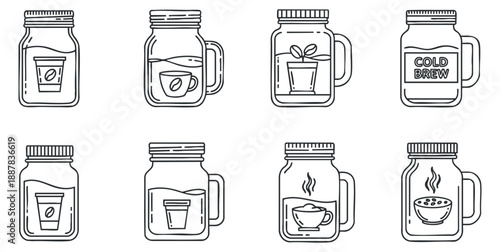 A collection of beverage jars featuring cold brew coffee, tea, smoothies, and herbal drinks in minimalist outline vector style, perfect for cafe branding and menu designs