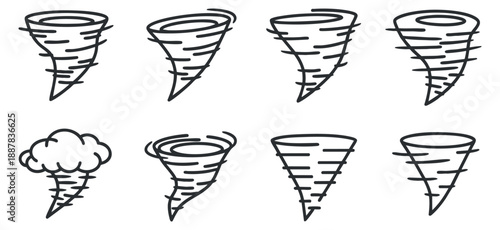 A collection of tornado icons in outline style, featuring various shapes and sizes, suitable for weather-related designs
