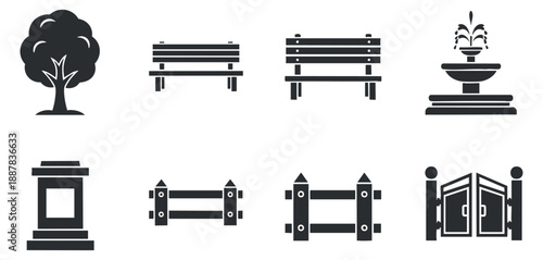 A collection of park elements including trees, benches, a fountain, and gates in black and white minimalist vector style, ideal for landscaping designs and outdoor themes