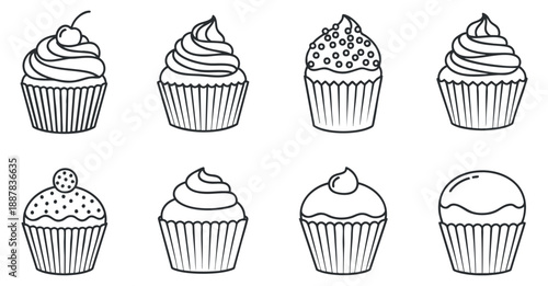 A collection of eight cupcake illustrations in black and white minimalist vector style, perfect for dessert menus and food-related projects