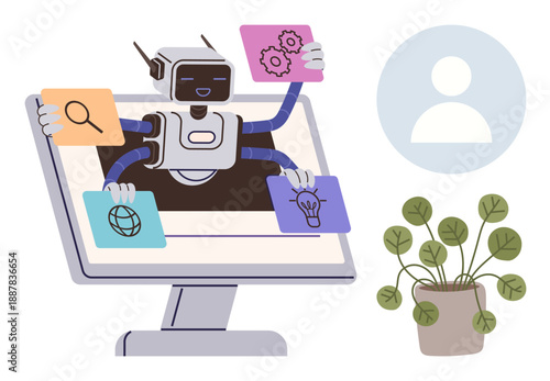 Artificial intelligence, digital assistance, task automation, innovation, robotics, productivity. Robot emerging from monitor holding icons ideas. Artificial intelligence and task automation concept