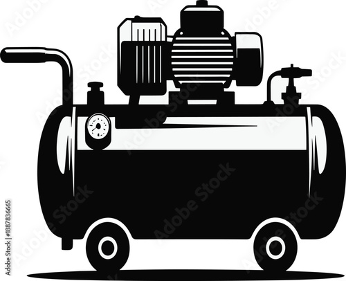 Air compressor machine silhouette vector illustration with motor and tank, industrial equipment design for workshop, manufacturing and mechanical engineering use