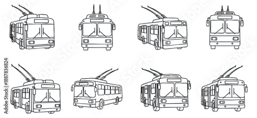 A collection of bus and trolleybus illustrations in clean outline vector style, suitable for urban transportation projects.