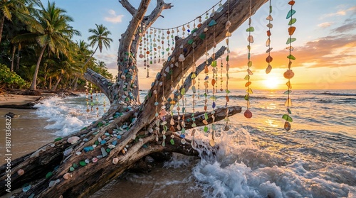 Driftwood Decorated with Hanging Sea Glass on Tropical Beach at Sunset