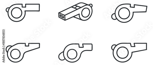 A collection of six whistle icons in black and white outline vector style, suitable for sports and coaching applications