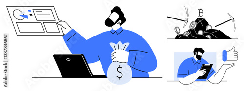 Digital marketing, cryptocurrency mining, startup success, financial growth, online services, web technology. Person holding money bag, analyzing charts mining Bitcoin. Digital marketing