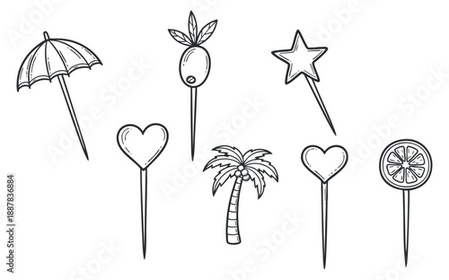 A collection of decorative food picks including an umbrella, palm tree, heart, star, and fruit in minimalist outline vector style, perfect for party decorations and summer events