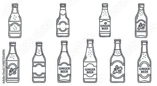 A collection of various beer and ginger beer bottles in outline minimalist vector style, ideal for beverage branding and packaging