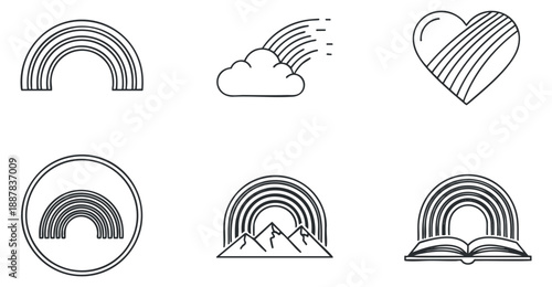 A collection of rainbow icons featuring outlines of clouds, mountains, hearts, and books in minimalist vector style, ideal for creative projects and branding
