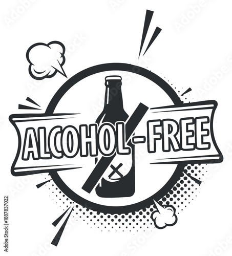 A graphic illustration of an alcohol-free bottle with a crossed-out symbol in black and white minimalist vector style, suitable for health-conscious branding
