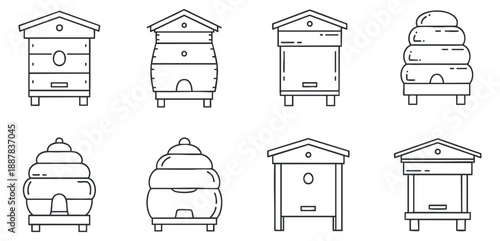 A collection of various beehive designs in minimalist black and white outline vector style, suitable for agricultural and eco-friendly themes