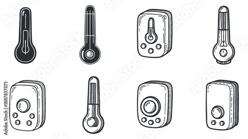 A collection of various thermometers including digital and analog styles in clean black and white vector illustration, suitable for medical and scientific applications
