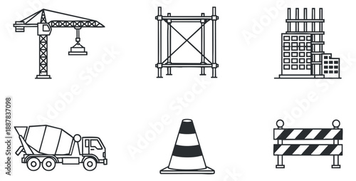 A set of construction icons including a crane, cement truck, scaffolding, traffic cone, and barrier in modern black and white vector style, suitable for construction and engineering projects