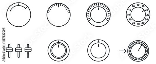 A collection of various control dials and switches in minimalist outline vector style, suitable for user interface design