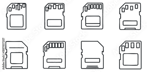 A set of various memory card designs in minimalist outline vector style, ideal for technology and electronic projects