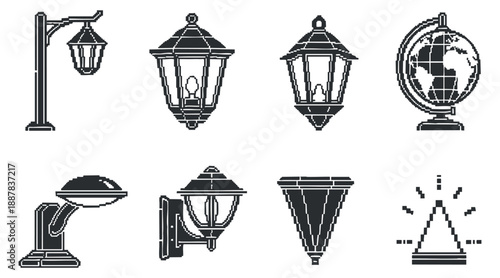 A collection of various lamp and lighting icons in black and white outline vector style, suitable for design projects and urban themes