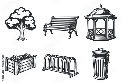A collection of outdoor park elements including a tree, bench, gazebo, planter, bike rack, and trash can in detailed black and white vector style, suitable for landscaping and urban design projects