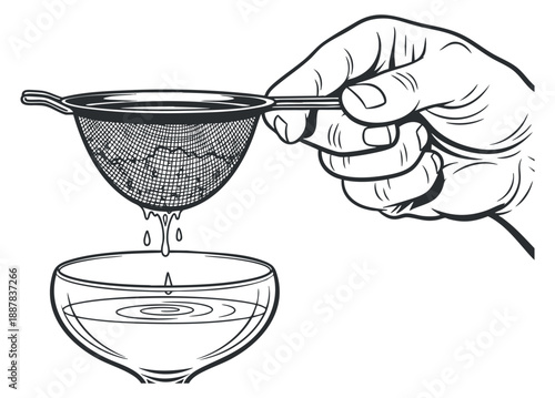 A hand holding a fine mesh strainer over a bowl, in black and white minimalist vector style, ideal for culinary illustrations