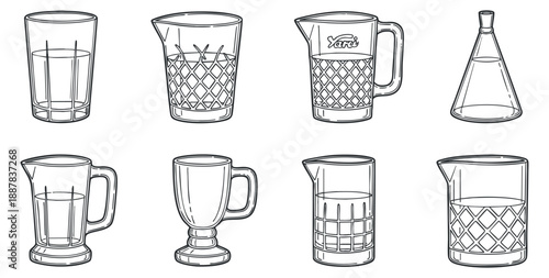 A collection of various glassware including drinking glasses, measuring cups, and laboratory beakers in clean outline vector style, suitable for kitchen and restaurant designs