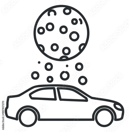 A car with bubbles and cleaning symbols in minimalist outline vector style, ideal for car wash services and automotive cleaning.