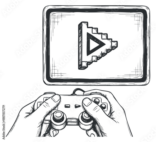 A person holding a gaming controller with a video game screen displaying a pixelated play symbol in sketch style, suitable for gaming and technology themes
