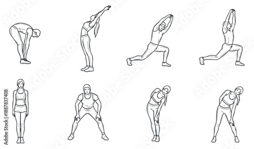 A collection of eight fitness and stretching poses in outline vector style, suitable for health and wellness projects