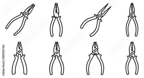 A set of various pliers in clean outline vector style, suitable for DIY projects and tool illustrations