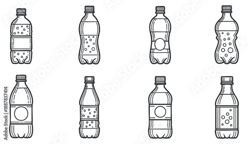A set of eight outlined plastic water and soda bottles in minimalist vector style, ideal for beverage branding and packaging design