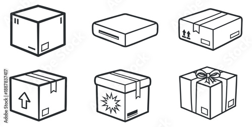 A collection of different types of boxes including gift boxes and shipping cartons in line art minimalist vector style, suitable for ecommerce and logistics branding
