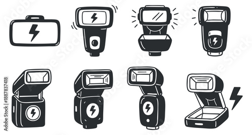 A collection of various photography flash equipment icons in black and white outline vector style, ideal for photography-related projects