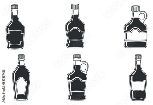 A collection of six assorted bottle designs in black and white outline vector style, suitable for beverage branding and packaging
