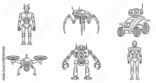 A collection of six robot characters including a humanoid, drone, spider-like robot, and a robotic vehicle in clean outline vector style, ideal for technology and innovation projects