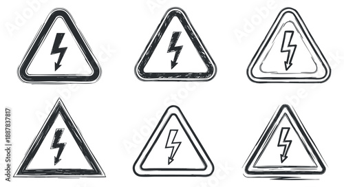 Free Download A collection of six electric warning signs in black and white outline vector style, suitable for safety and caution themes - GFXLoad