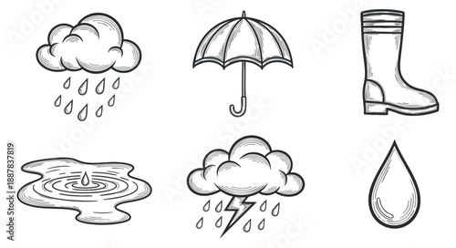A collection of weather-related icons including clouds, rain, an umbrella, boots, and water droplets in outline vector style, suitable for weather-themed design projects
