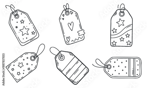 A collection of six decorative gift tags with various designs in black and white outline vector style, ideal for creative projects and crafting