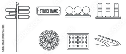 A collection of various urban icons including street signs, traffic symbols, and manhole covers in clean outline vector style, suitable for city planning and design projects