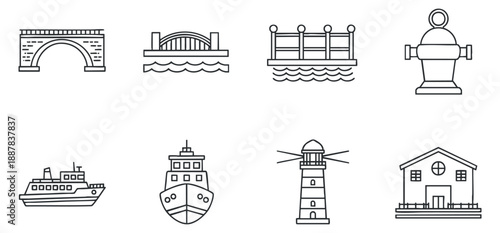 A collection of nautical themed icons including bridges, ships, lighthouses, and harbor buildings in minimalist black outline vector style, perfect for maritime projects