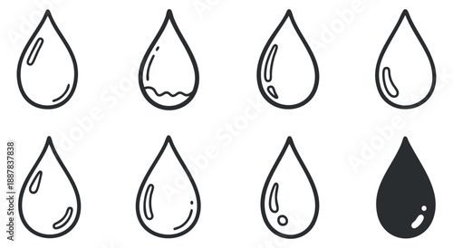 A collection of water drop icons in black and white outline vector style, suitable for design and environmental projects