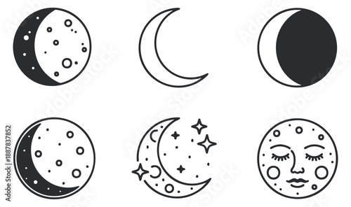 A collection of moon and sun icons in black outline vector style, suitable for celestial-themed designs and illustrations