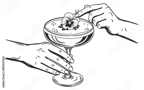 A hand garnishing a cocktail glass with a flower in black and white line art style, perfect for bar menus and mixology projects